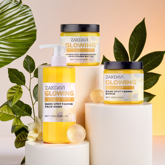 Glowing three-step turmeric face care kit with cleanser, exfoliant, and face butter
