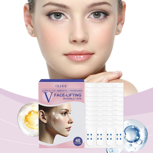 Product packaging for face-lifting tape with a model holding it against a white background