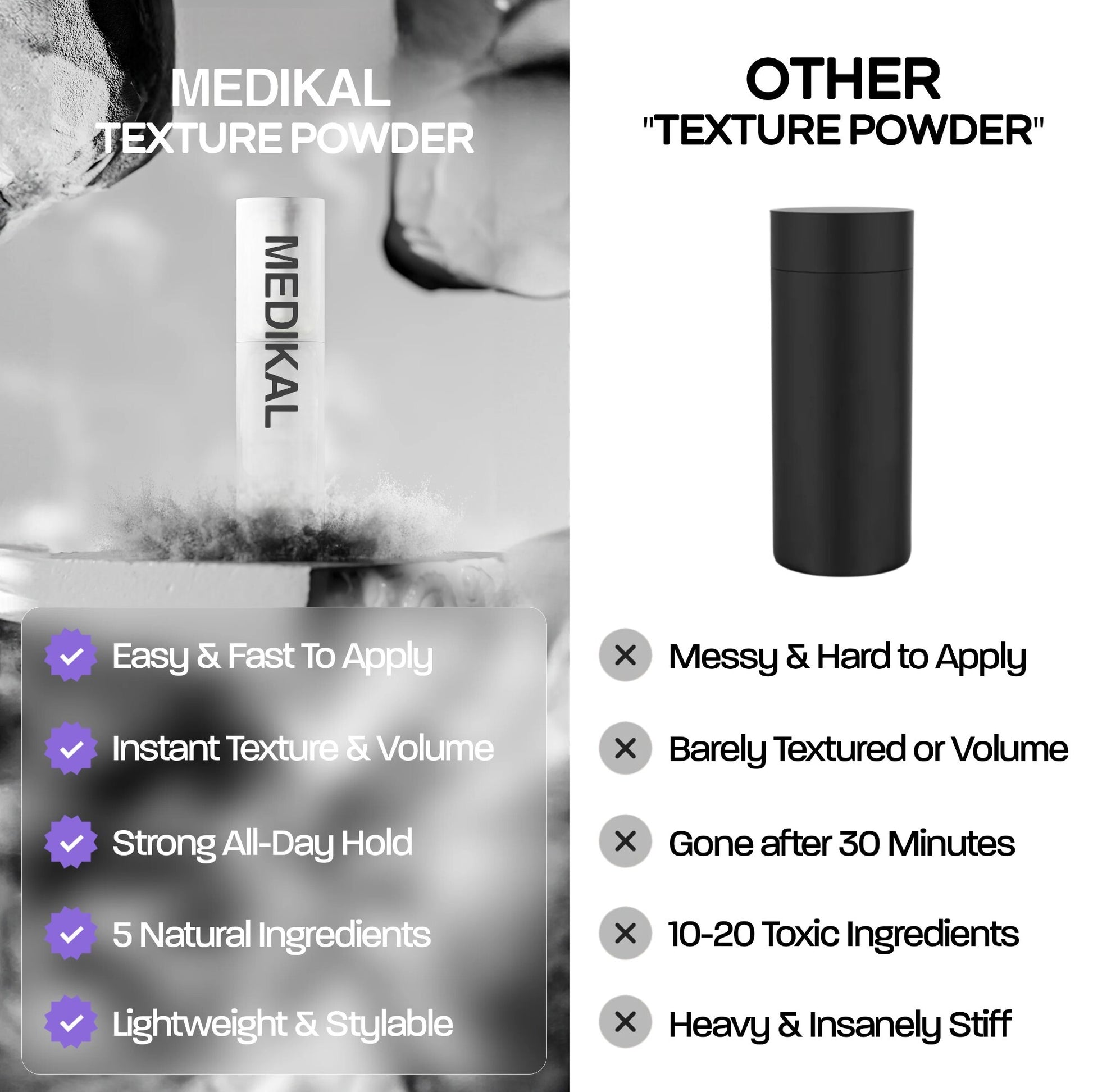 AirLift Texture & Volume Spray bottle on black pedestal showing hold, texture and shine scale