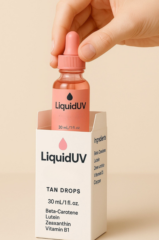 Close-up of LiquidUV drops mixing into water for a beauty-from-within routin