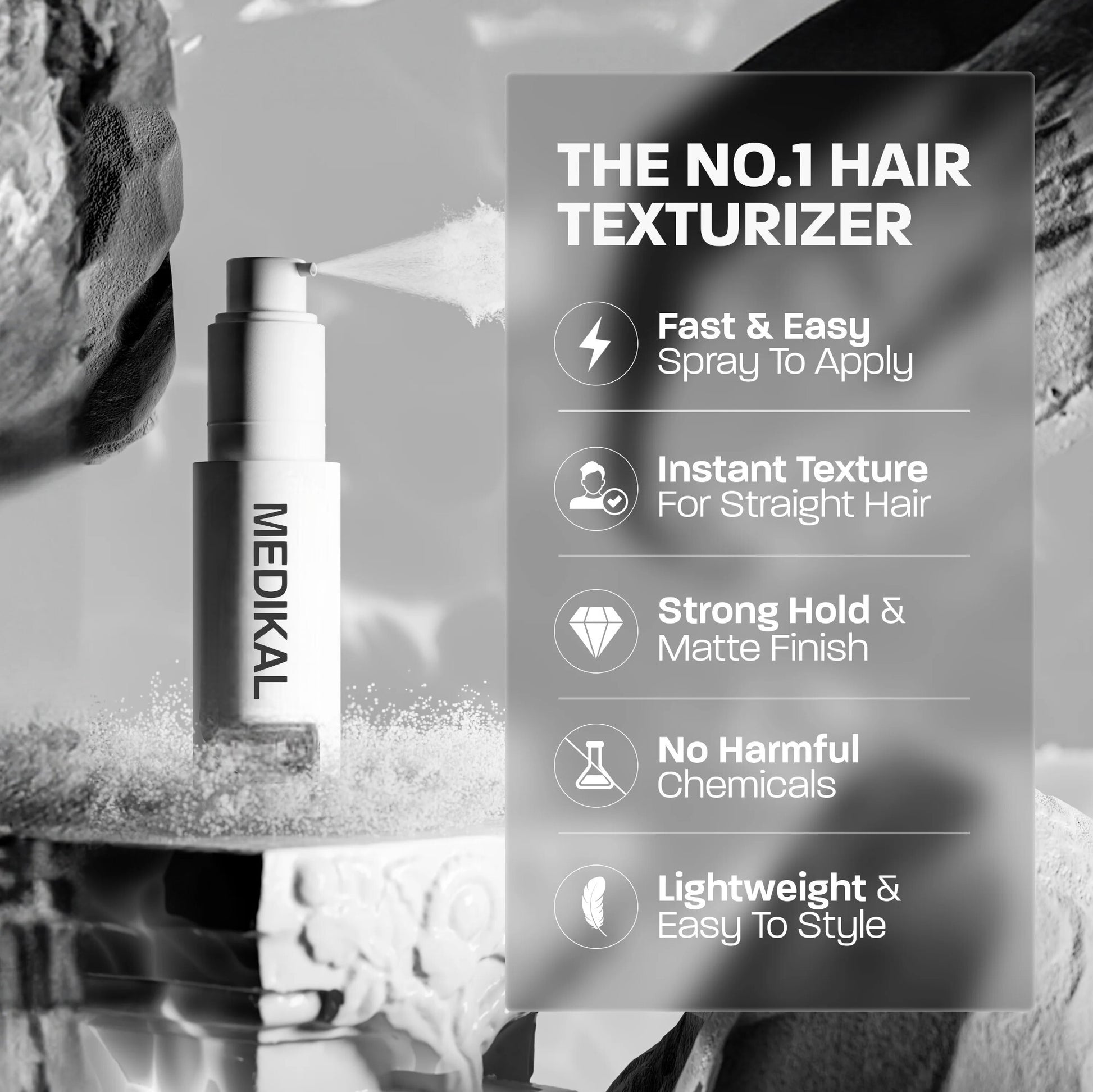 AirLift Texture & Volume Spray bottle on black pedestal showing hold, texture and shine scale